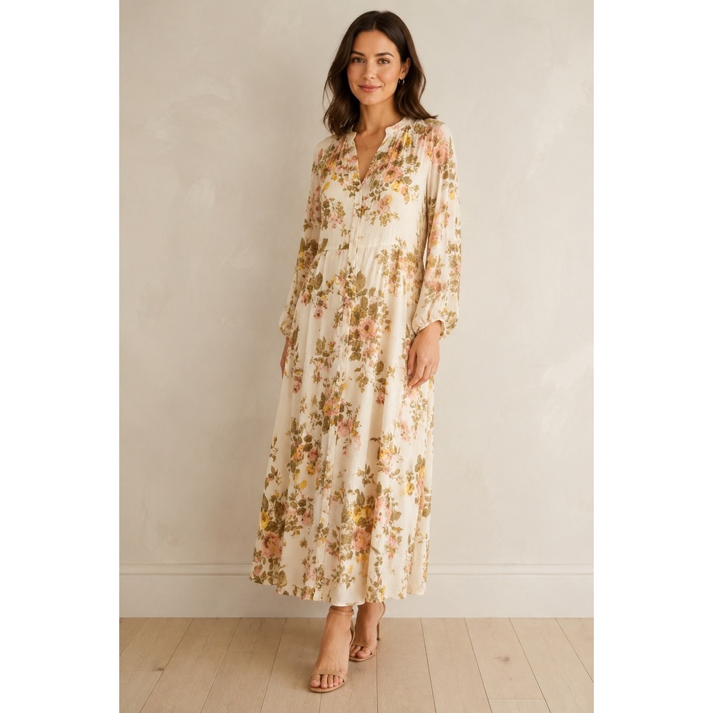 CeCe Floral Midi Dress Large Cream Pink Yellow Boho Cottagecore Fairycore V-Neck